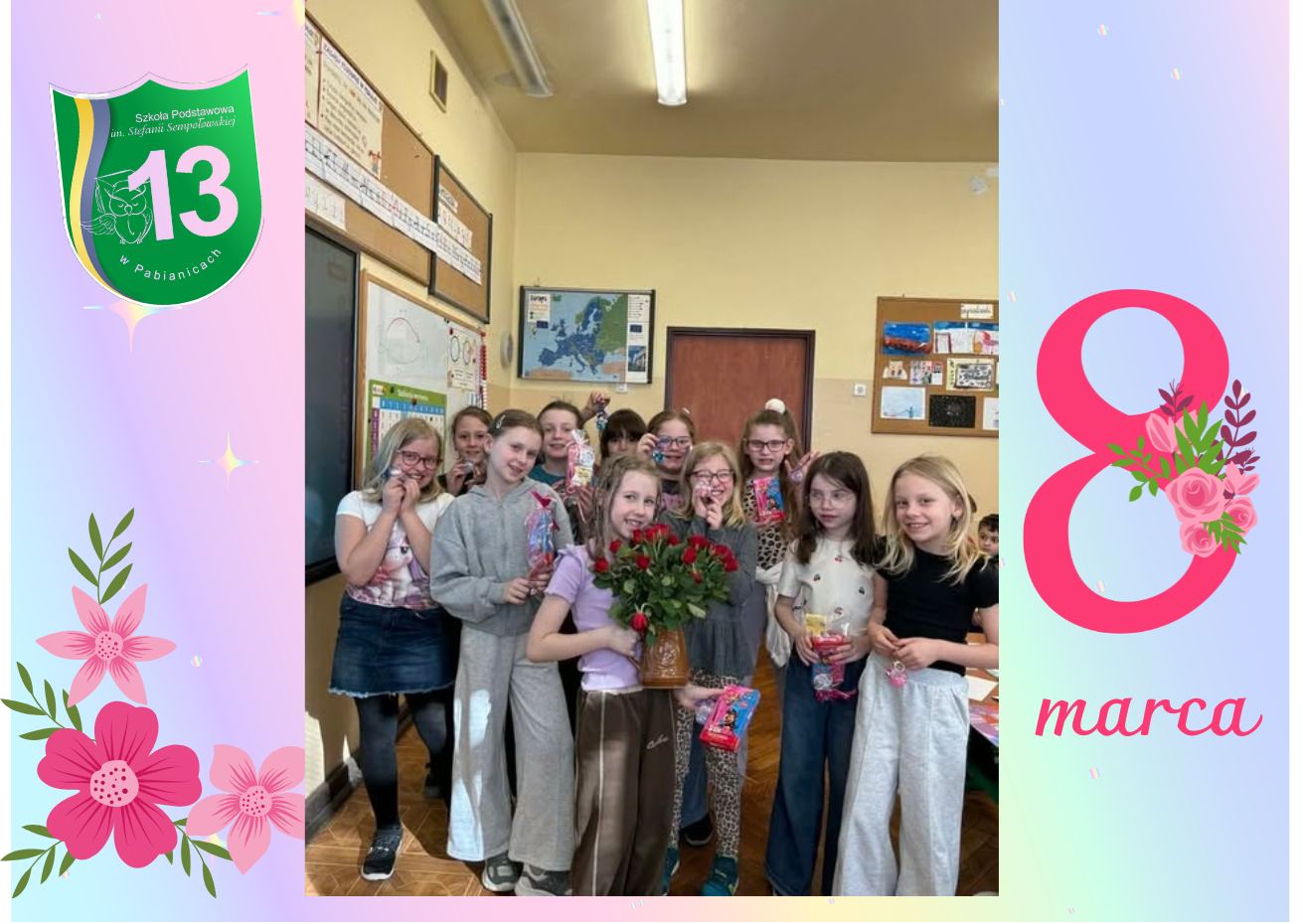 Zjęcie przedstawiające uczeice szkoły z bukietem kwiat&oacute;w.