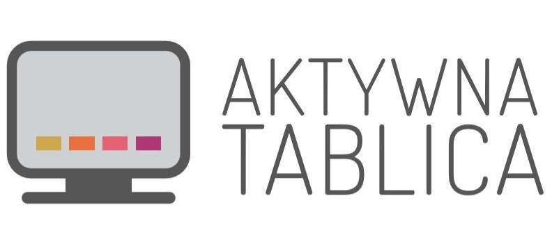 Logo programu „Aktywna Tablica”. Po lewej stronie znajduje się uproszczona ikona monitora lub tablicy multimedialnej w szarym kolorze, z pięcioma kolorowymi prostokątami (żółtym, pomarańczowym, czerwonym, różowym i fioletowym) u dołu ekranu. Po prawej stronie umieszczony jest napis „AKTYWNA TABLICA” dużymi, cienkimi literami w kolorze ciemnoszarym.
