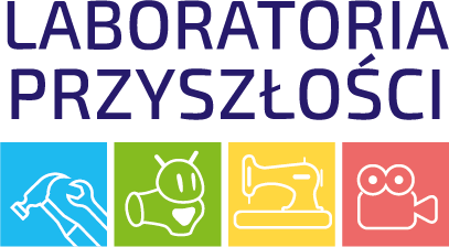 Logo programu „Laboratoria Przyszłości”. U góry znajduje się granatowy napis „LABORATORIA PRZYSZŁOŚCI” pisany wielkimi literami. Pod nim umieszczone są cztery kolorowe kwadraty z białymi ikonami: niebieski z młotkiem i kluczem, zielony z robotem, żółty z maszyną do szycia oraz czerwony z kamerą filmową.