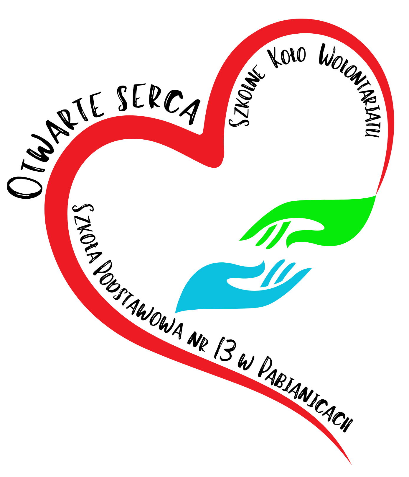 Logo Szkolnego Koła Wolontariatu „Otwarte Serca” przy Szkole Podstawowej nr 13 w Pabianicach. Grafika przedstawia czerwone serce, którego kontur tworzy ramę dla tekstu. Wewnątrz serca znajdują się napisy ułożone wzdłuż jego kształtu: u góry „Szkolne Koło Wolontariatu”, po lewej stronie „Otwarte Serca”, a na dole „Szkoła Podstawowa nr 13 w Pabianicach”. W środku serca widnieją dwie stylizowane dłonie – zielona skierowana w dół i niebieska skierowana w górę – symbolizujące pomoc i współpracę.