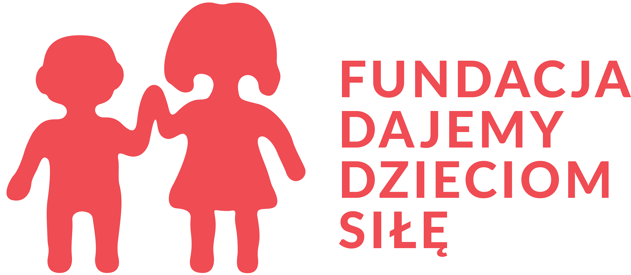 Logo Fundacji Dajemy Dzieciom Siłę. Po lewej stronie znajdują się dwie czerwone, uproszczone sylwetki dzieci — chłopca i dziewczynki — trzymających się za ręce. Po prawej stronie, w pięciu linijkach, widnieje czerwony napis drukowanymi literami: „FUNDACJA DAJEMY DZIECIOM SIŁĘ”.