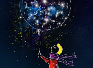 Ilustracja dziecka unoszącego się z balonem wypełnionym gwiazdami i księżycem na nocnym tle.