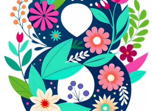 Kolorowa cyfra 8 ozdobiona kwiatami i liśćmi – grafika symbolizująca Dzień Kobiet.