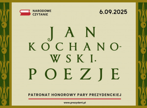 Baner promujący Narodowe Czytanie 2025, przedstawiający stylizowany napis: „Jan Kochanowski. Poezje”. W lewym górnym rogu widnieje logo akcji „Narodowe Czytanie” – czerwono-biała książka.