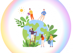 Ilustracja ludzi wykonujących prace porządkowe i pielęgnacyjne na symbolicznej kuli ziemskiej – podlewają rośliny, sprzątają i malują. Obraz otoczony kolorową, tęczową ramką.