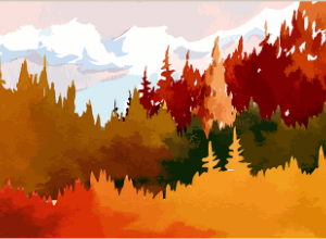 Ilustracja przedstawiająca kolorowy jesienny las z przewagą drzew w odcieniach czerwieni, pomarańczu, żółci i zieleni. W tle niebo z delikatnymi chmurami.