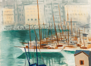Obraz Kislinga z portem i jachtami; nad wodą spacerują ludzie, a w tle widać rozmyte zabudowania nadmorskiego miasta.