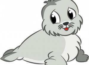 Rysunkowa, szara foka z dużymi oczami i uśmiechem, przedstawiona w przyjazny, bajkowy sposób.