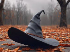 Szpiczasty kapelusz czarownicy leży na jesiennych liściach w mglistym parku.