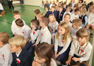 Uczniowie młodszych klas w odświętnych strojach z biało-czerwonymi kotylionami siedzą podczas apelu z okazji Święta Niepodległości.